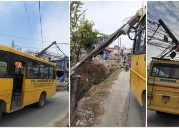 पोखरामा विद्युत पोल भाँचिएर गुडिरहेको स्कूल बसमाथि पर्‍यो, भाग्यवश ठूलो दुर्घटना टर्‍यो